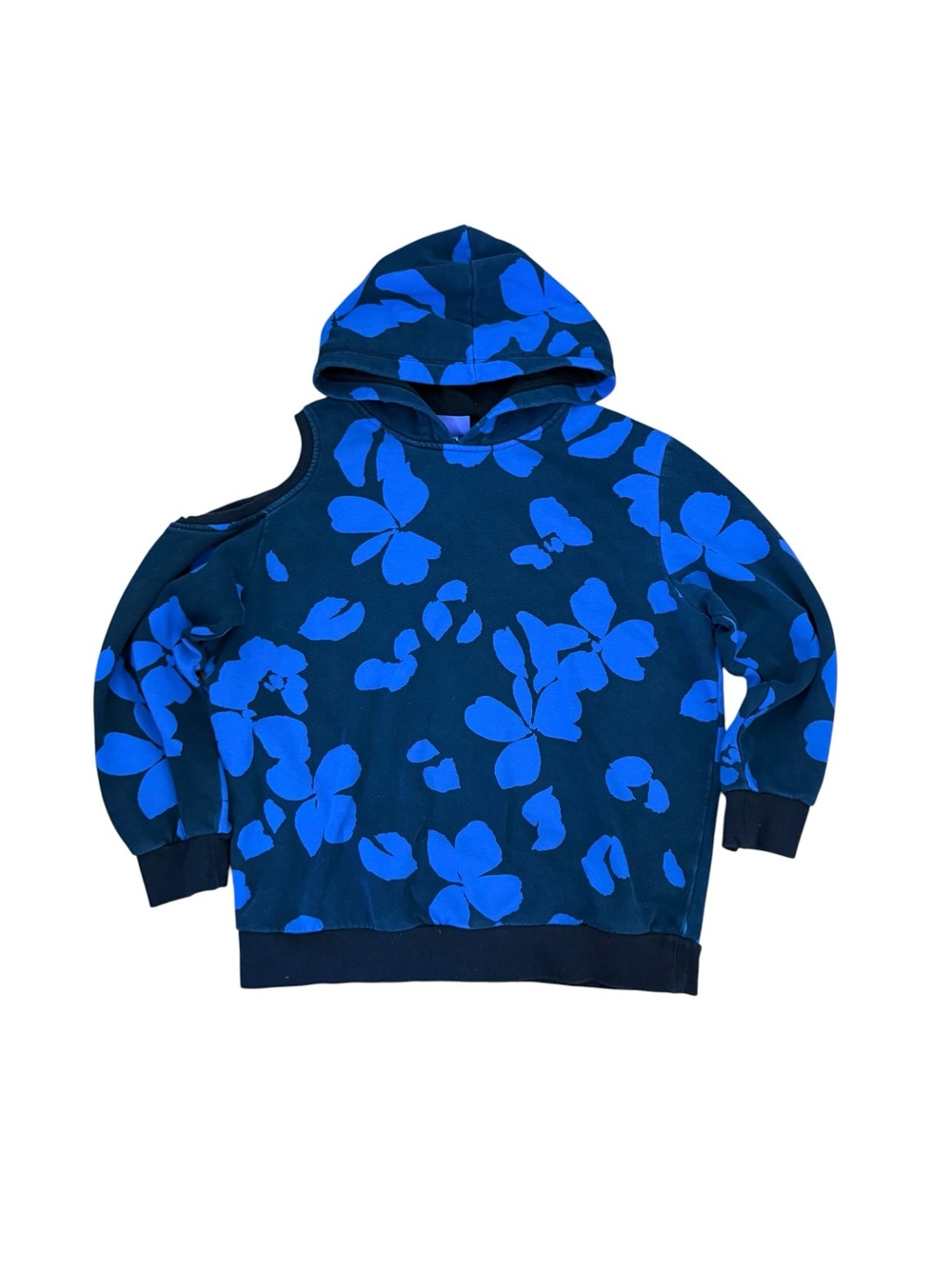 Future Collective Floral Blue Cut Out Hoodie Women's Size Large Cold Shoulder
